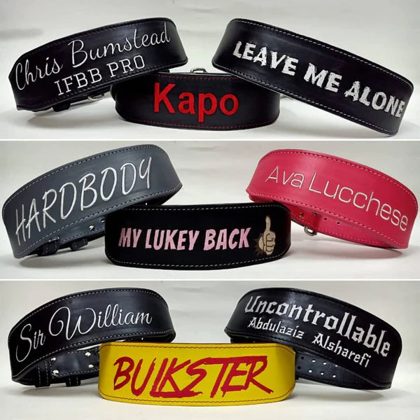Custom belts stacked on top of each other.